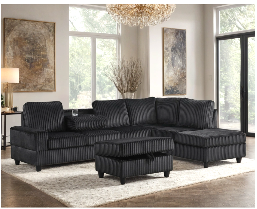 Reversible Sectional 48Heights + Storage Ottoman – Black Fabric